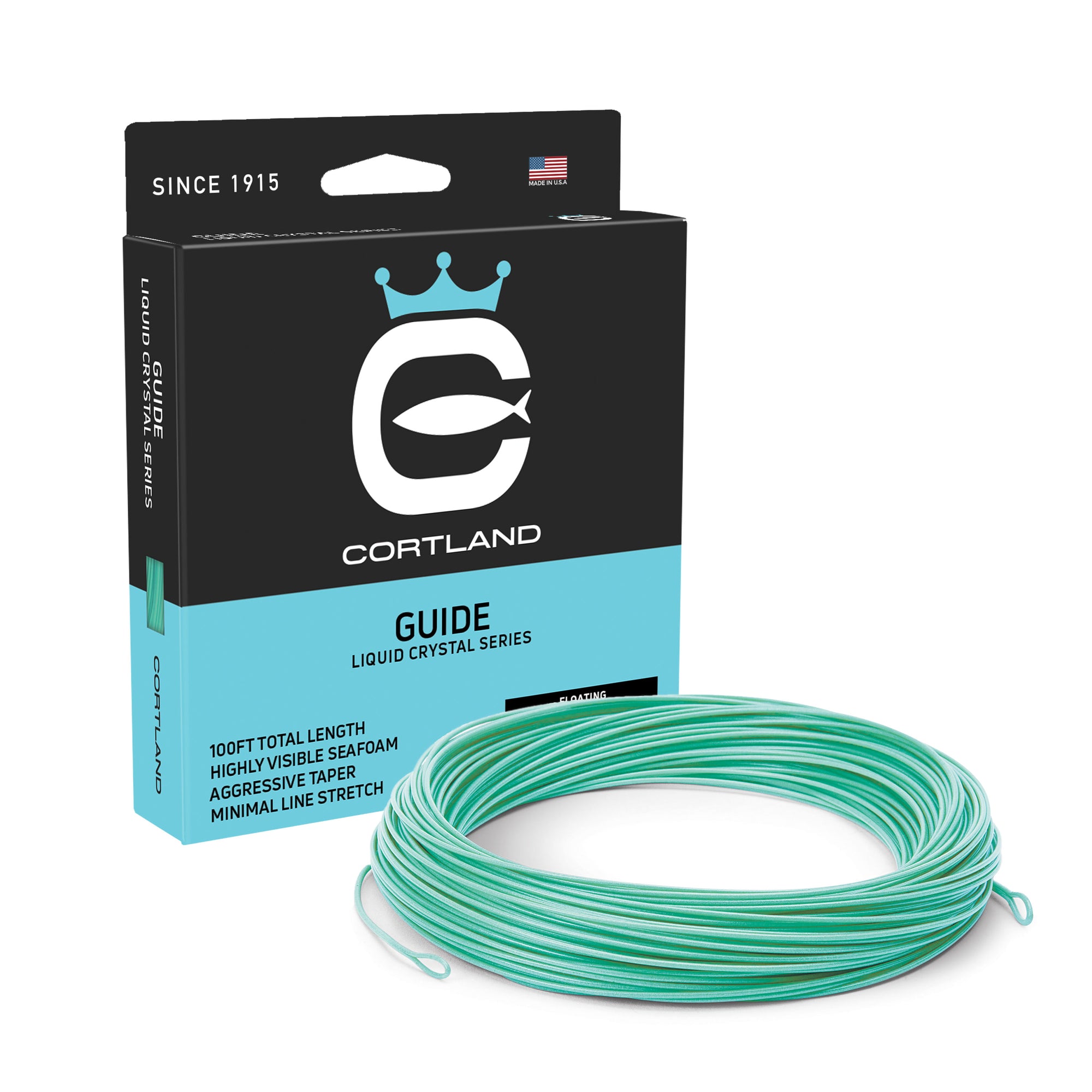 Guide Liquid Crystal Series Fly Line and Box. The coil is seafoam. The box is black and light blue, and has the Cortland logo.