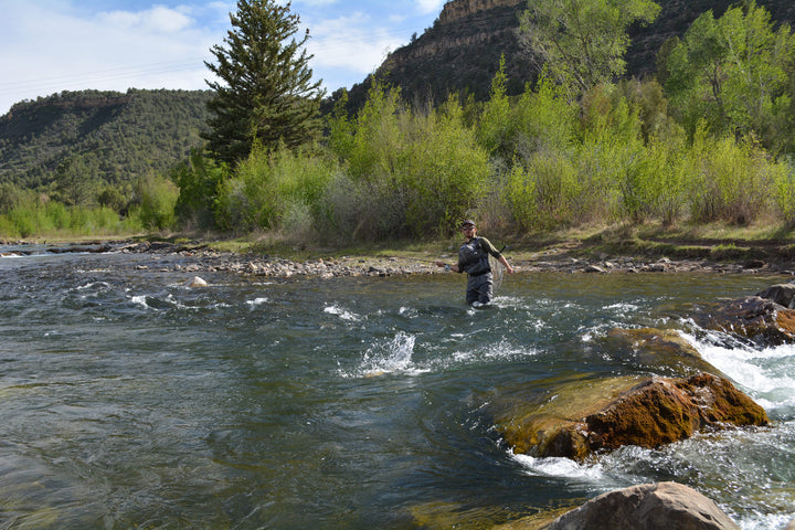Man standing in a river fly fishing 