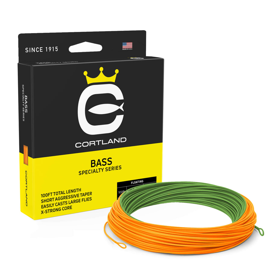 Bass Specialty Series Fly Line Box and Coil. The coil is lilly green and hot orange. The box has the Cortland logo and is black and yellow. 