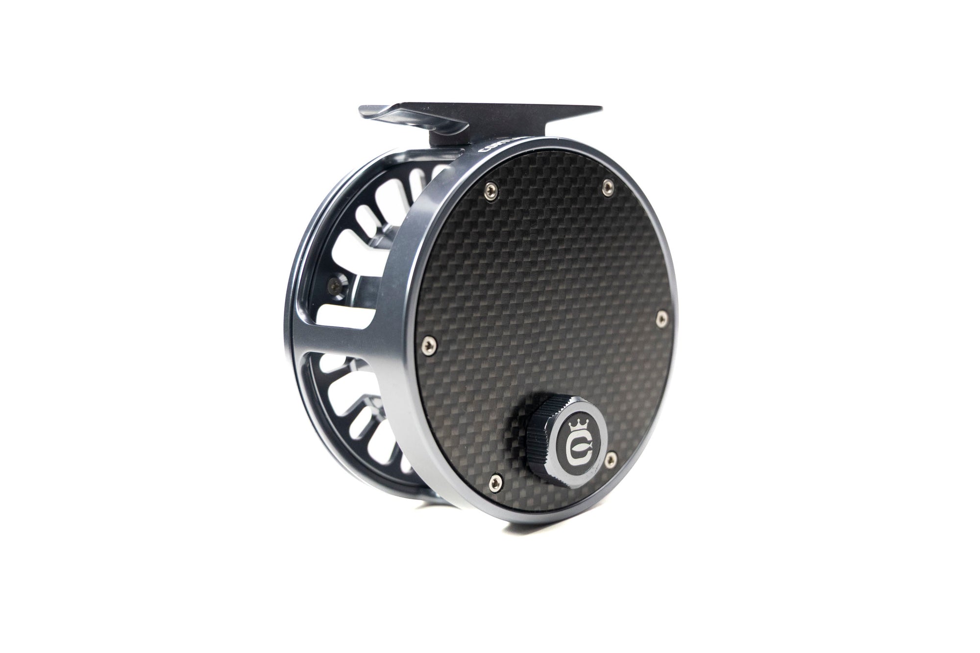Cortland Retro X Click Fishing reel with carbon fiber finish on a white background
