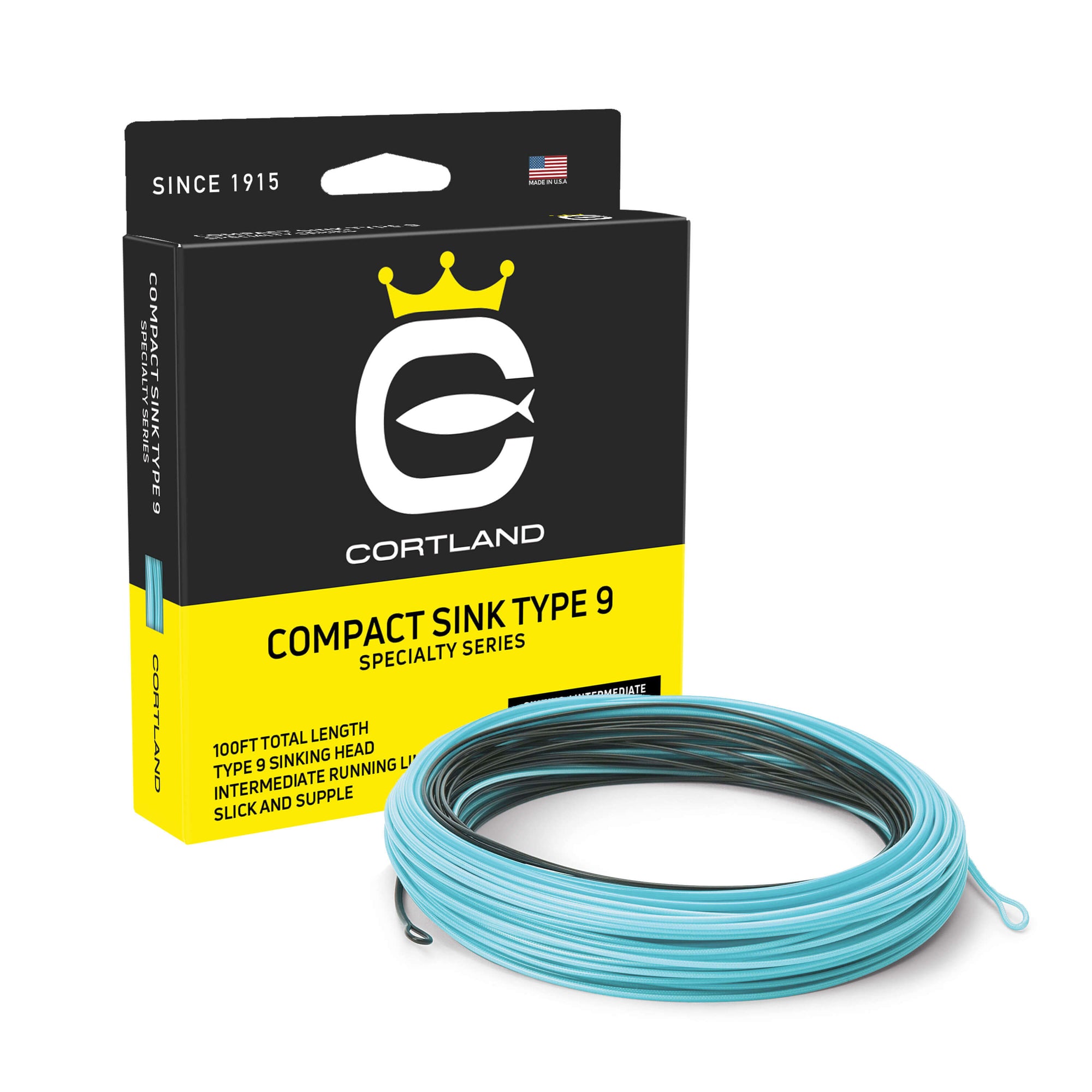 Compact Sink Type 9 Fly Line Box and Coil. The coil is black and light blue. The box is black and yellow.