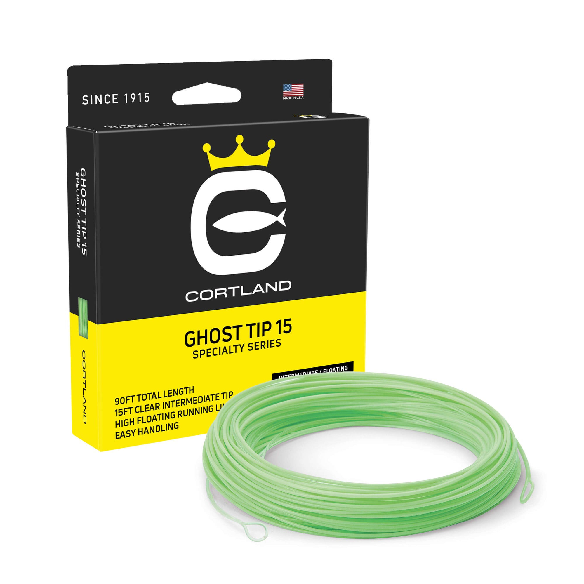 Ghost Tip 15 Fly Line and Box. The coil is clear and mint green. The box is black and yellow. 