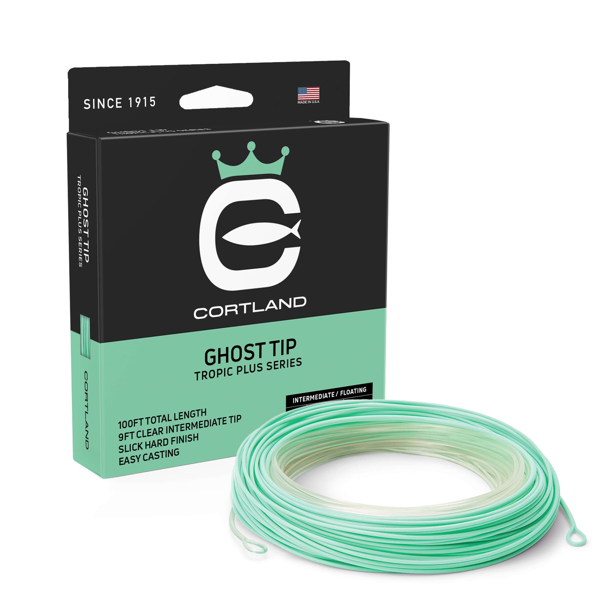 Ghost Tip Fly Line Box and Coil. The coil is clear and seafoam. The box has the Cortland Logo and is black and light blue.