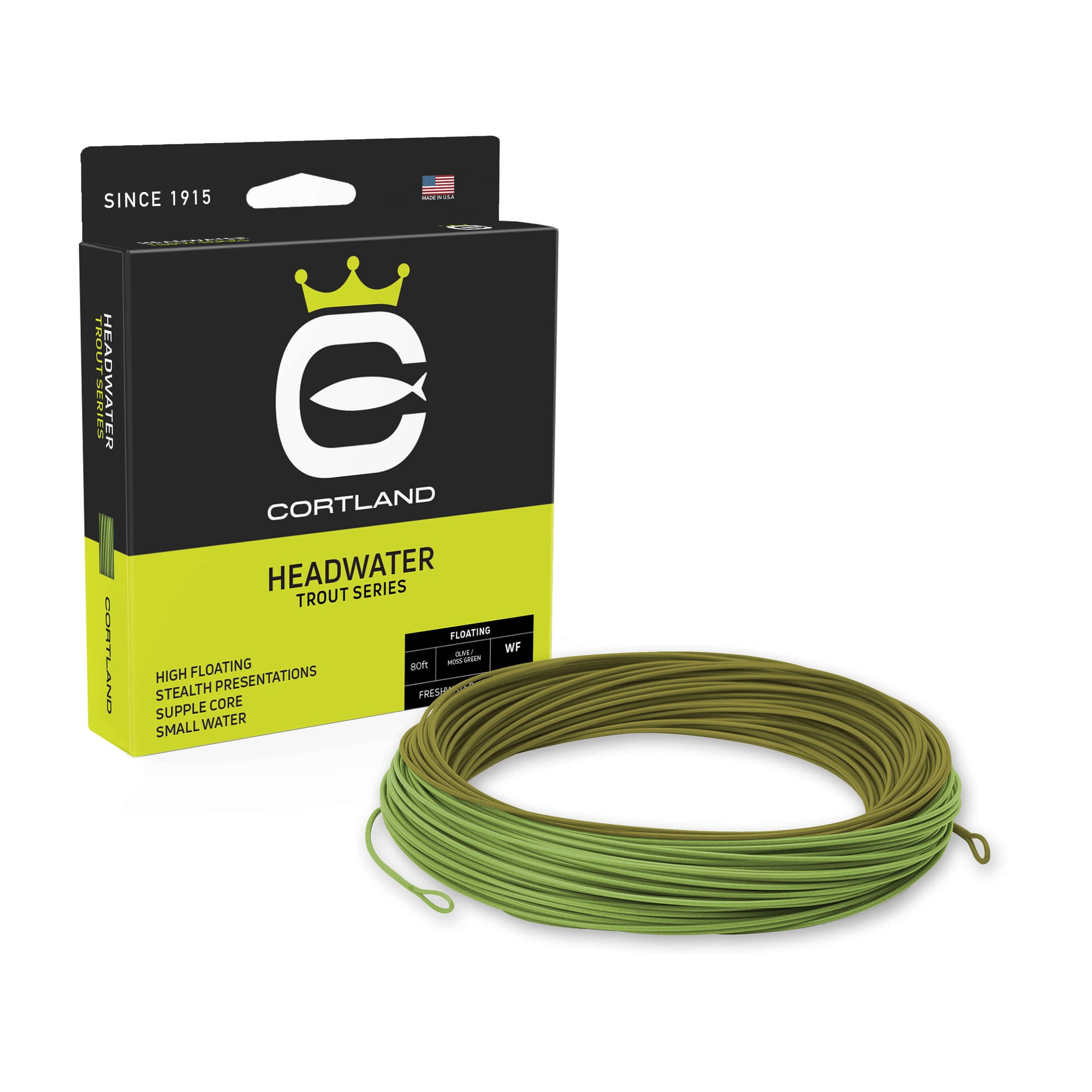 Trout Series Headwater Fly Line and Box. The line is moss green and olive. The box is black and yellow at the bottom. 