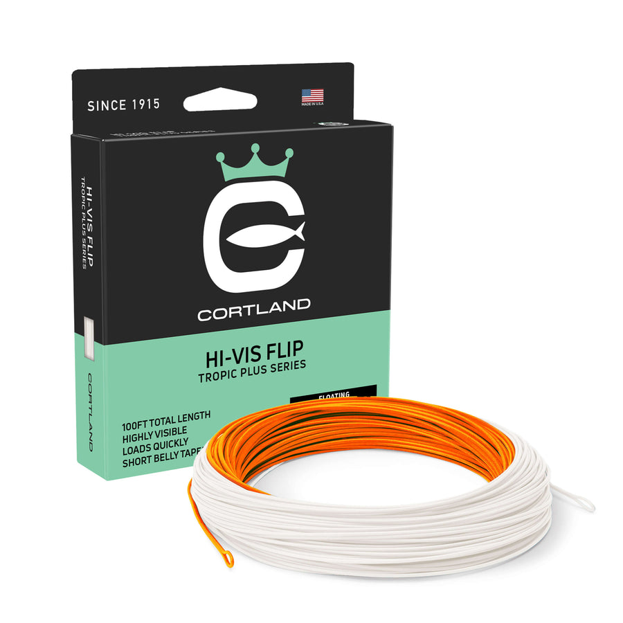 Hi-Vis Flip Fly Line Box and Coil. The coil is white and orange. The box is black and light blue, and has the Cortland logo