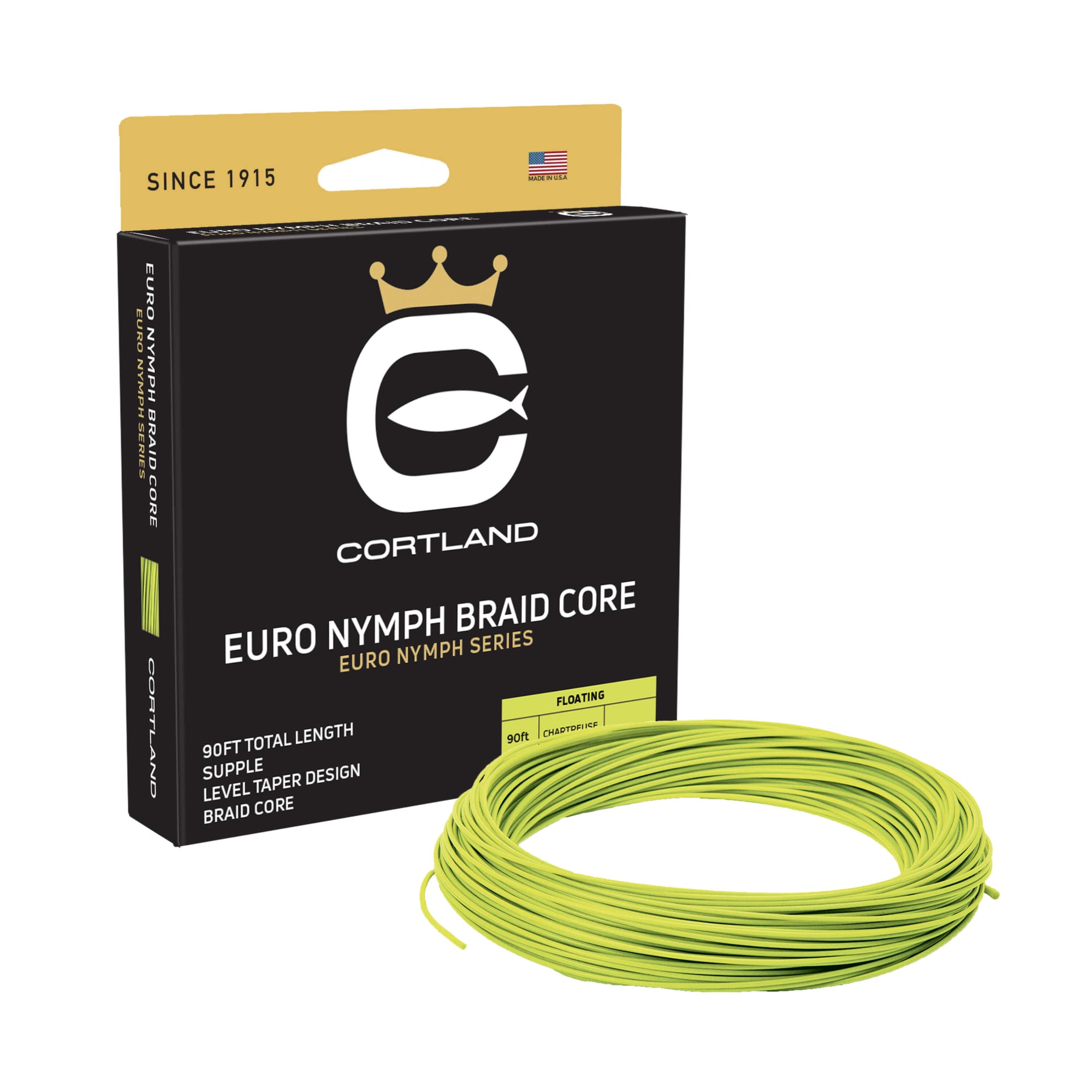 Euro Nymph Braid Core Fly Line Box and coil. The coil is chartreuse and the box is black and bronze with the Cortland Logo.