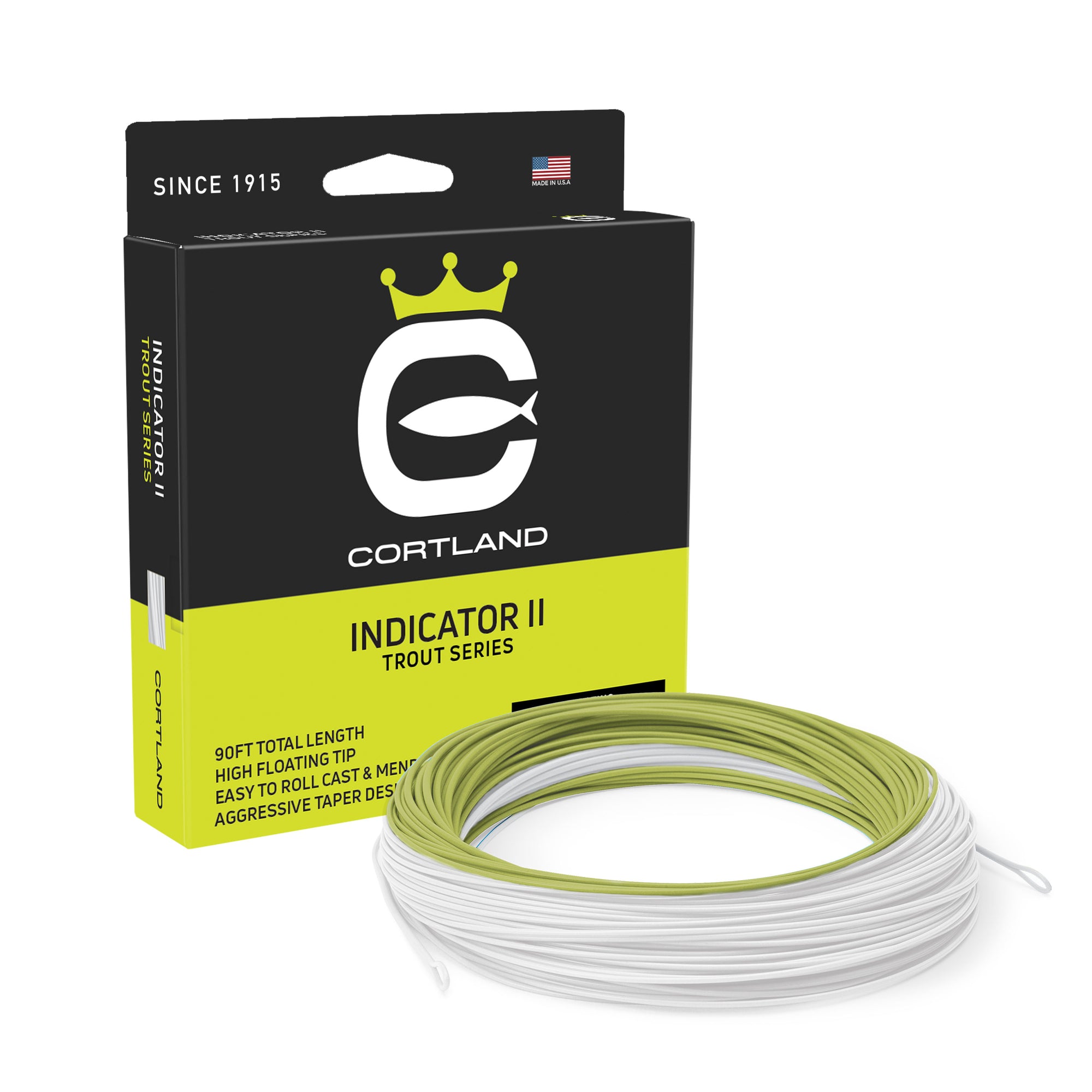 Cortland Indicator II Trout Series fishing line packaging with white and green line on a white background