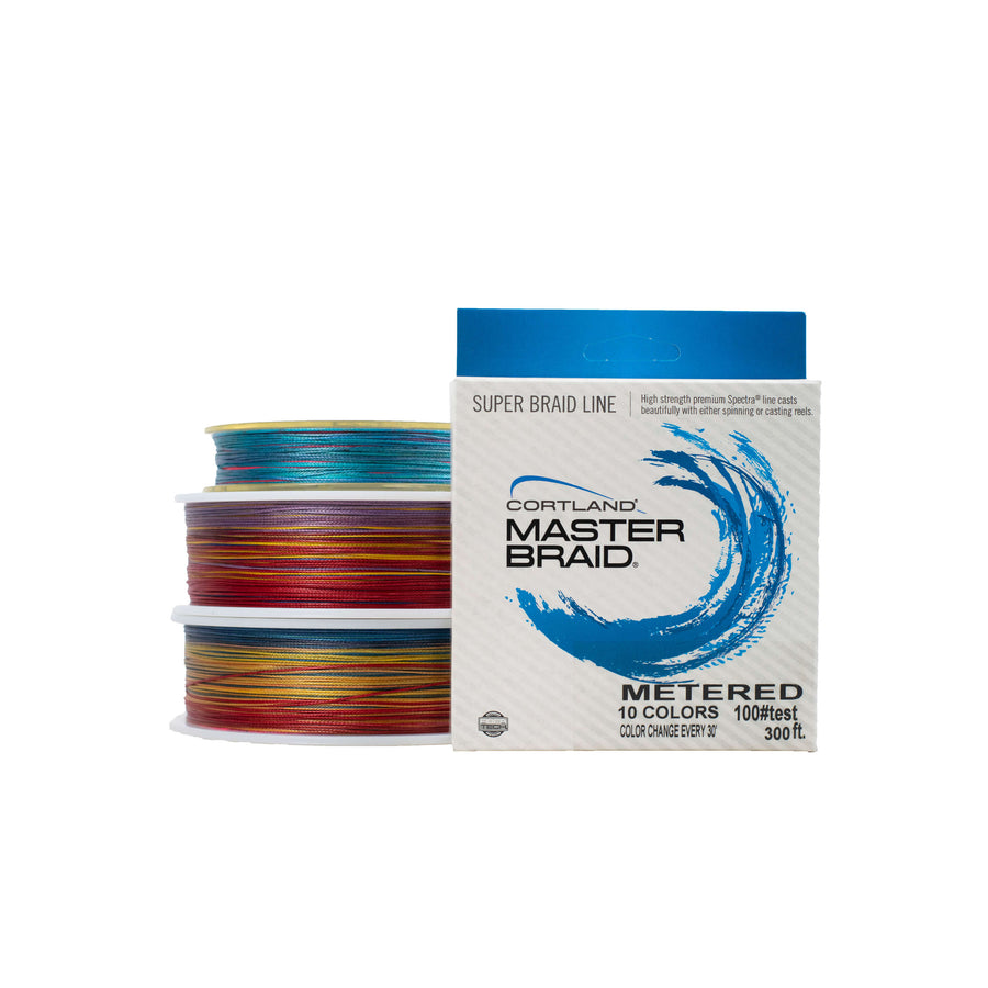 Front of the box view of Master Braid Metered. There are three spools on the lefthand side and the box on the right. 