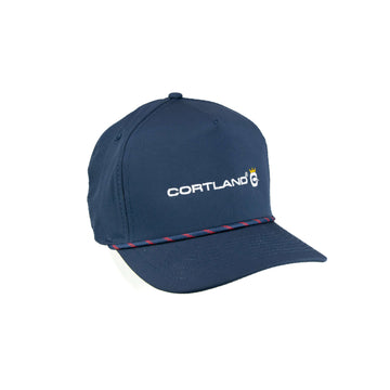 Top View of the Big Blue Cap. The cap is navy blue with the Cortland logo in white, and there is a rope around the band. 