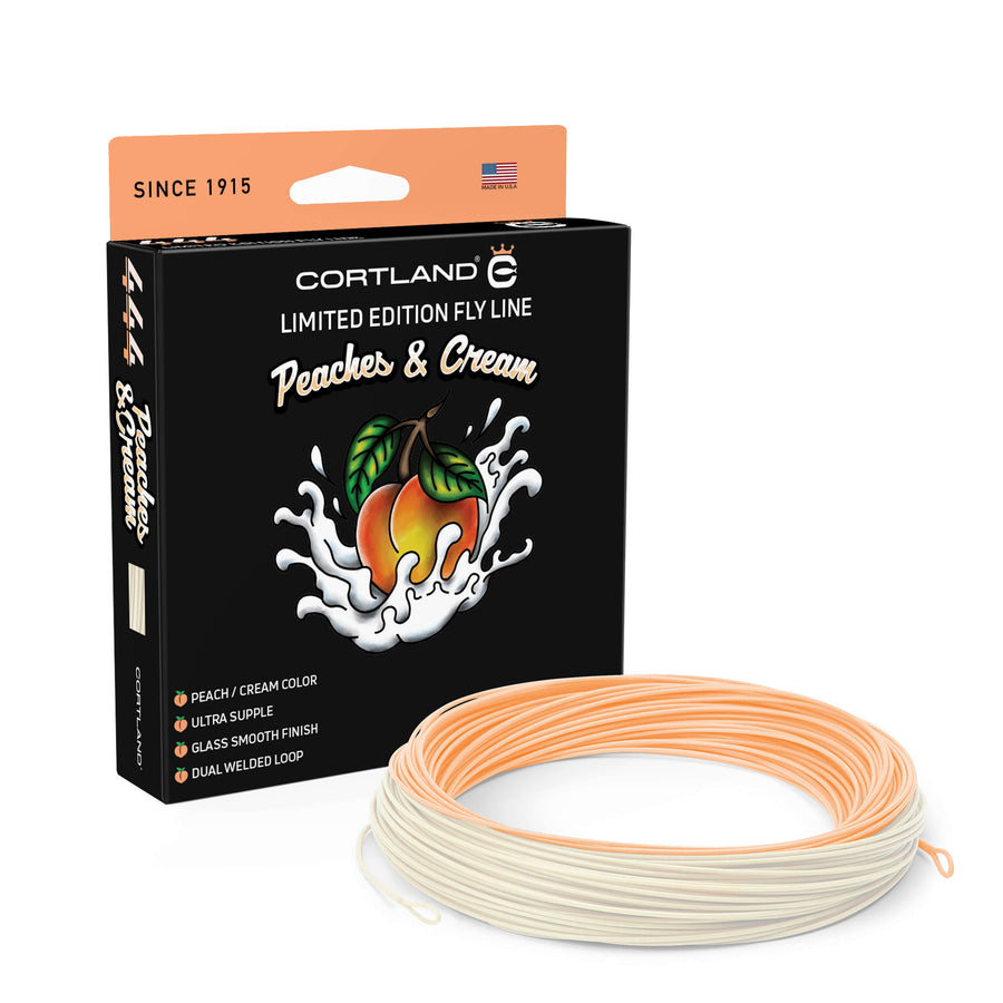 Peaches & Cream Limited Edition Fly Line and Box. The coil is peach and cream colored. The box is black and peach, and there is a peach logo on the front. 