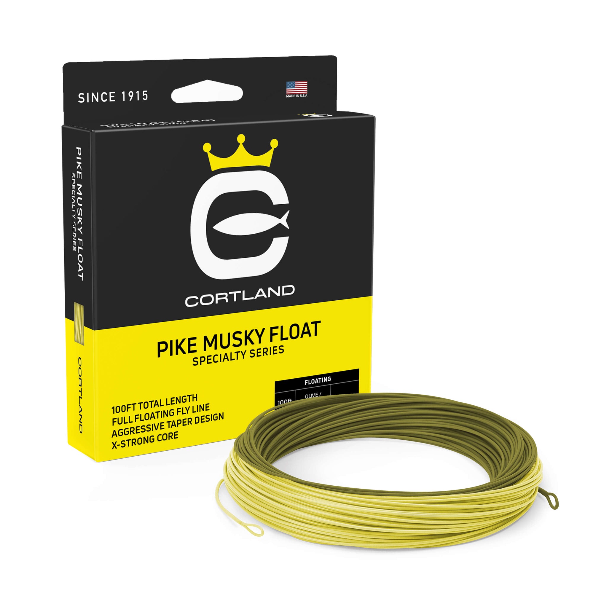 Pike Musky Float Fly Line Box and Coil. The coil is olive and pale yellow. The box has the Cortland logo and is black and yellow at the bottom of the box.