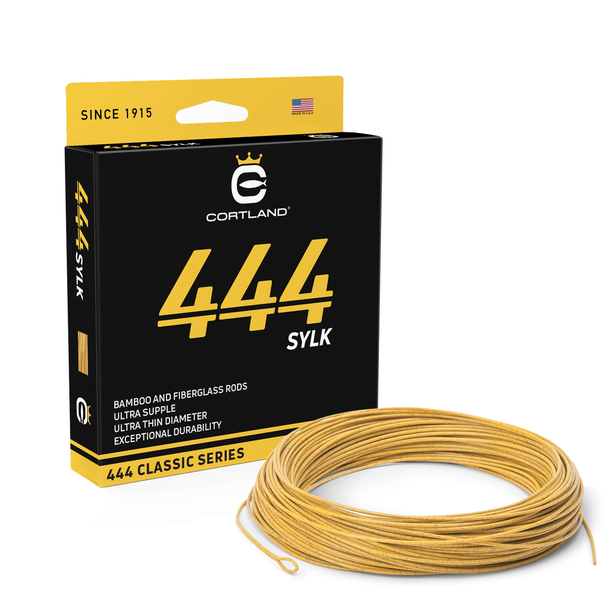 444 Series SYLK Fly Line Box and coil. The coil is mustard. The box is black and mustard. 
