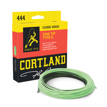 444 Series Sink Tip Type 6 Fly Line and Box. The line is black and mint green. The box is black at the bottom, red in the middle, and yellow at the top