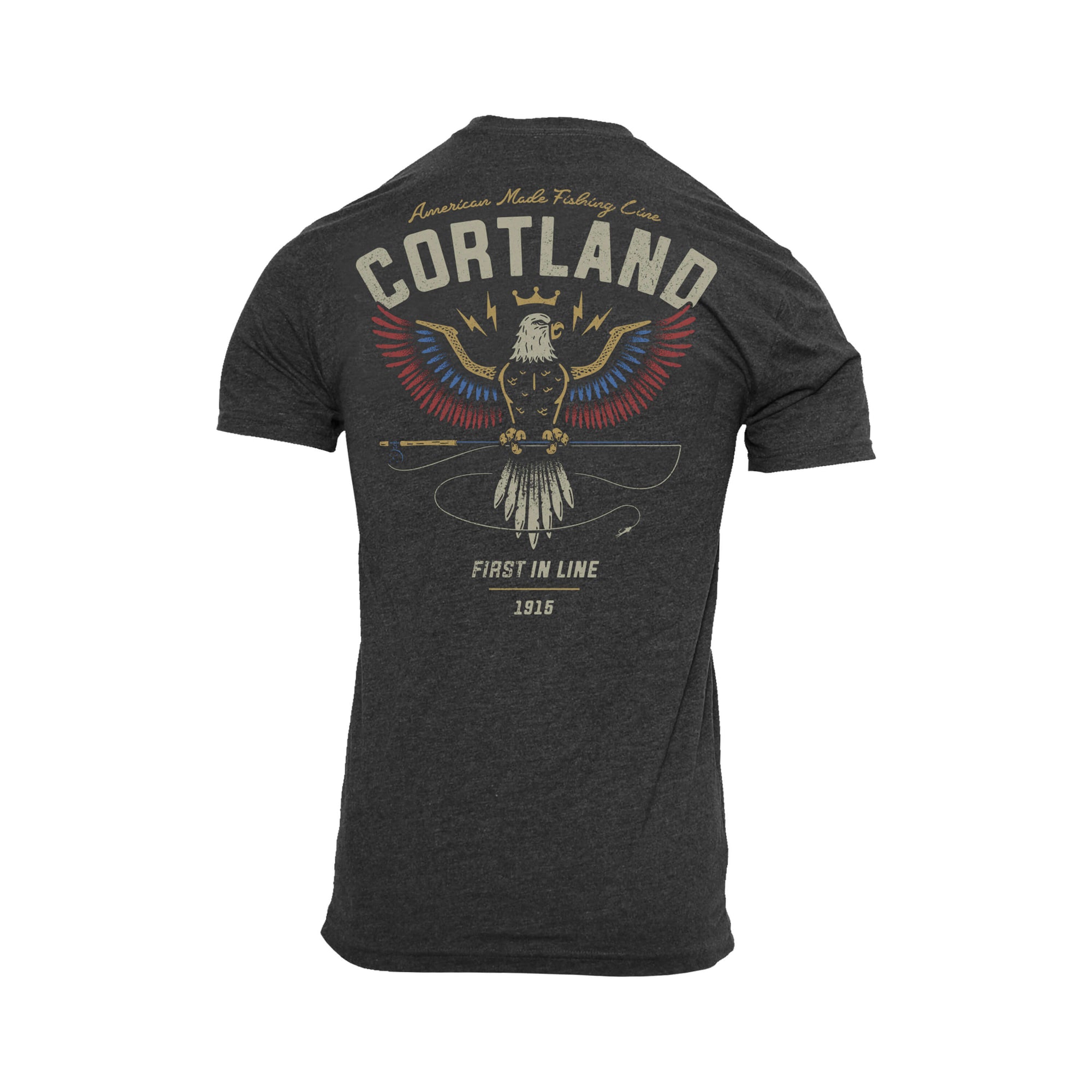 Soaring Eagle T-Shirt. The logo has Cortland at the top with an eagle holding onto a fly rod in its talons. The eagle&#39;s wings are yellow, blue, and red. 