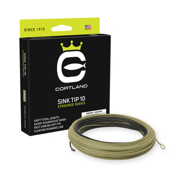 Streamer Sink Tip 10 Fly Line Box and coil. The coil is black and olive. The box has the Cortland Logo and is black and neon green.