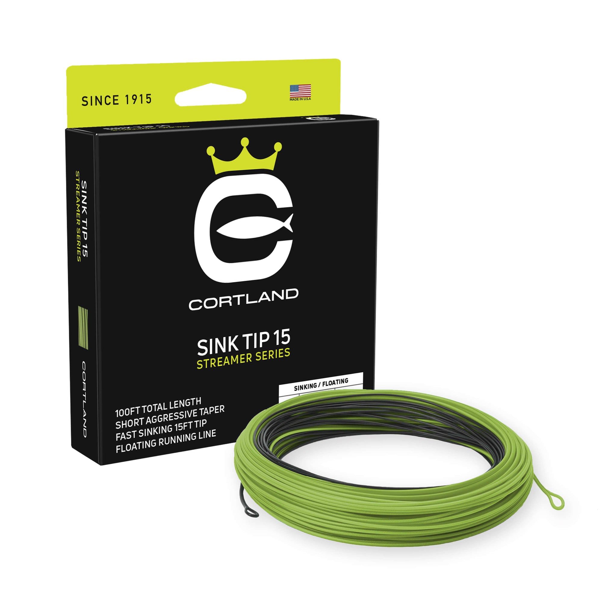 Streamer Sink Tip 15 Fly Line Box and coil. The coil is black and green. The box has the Cortland logo and is black and neon green at the top.