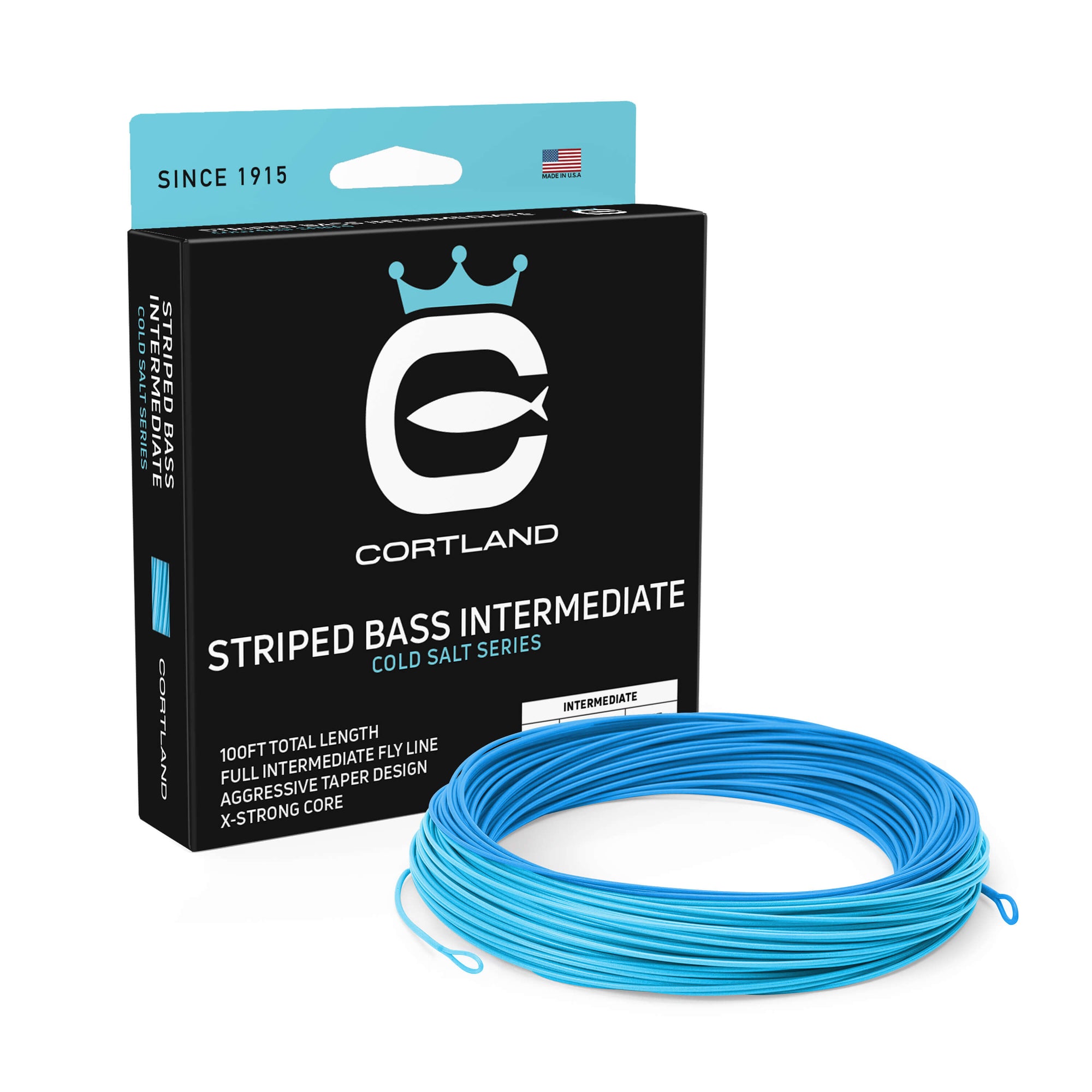 Striped Bass Intermediate Fly Line Box and Coil. The coil is ice blue. The box is black and light blue at the top. 
