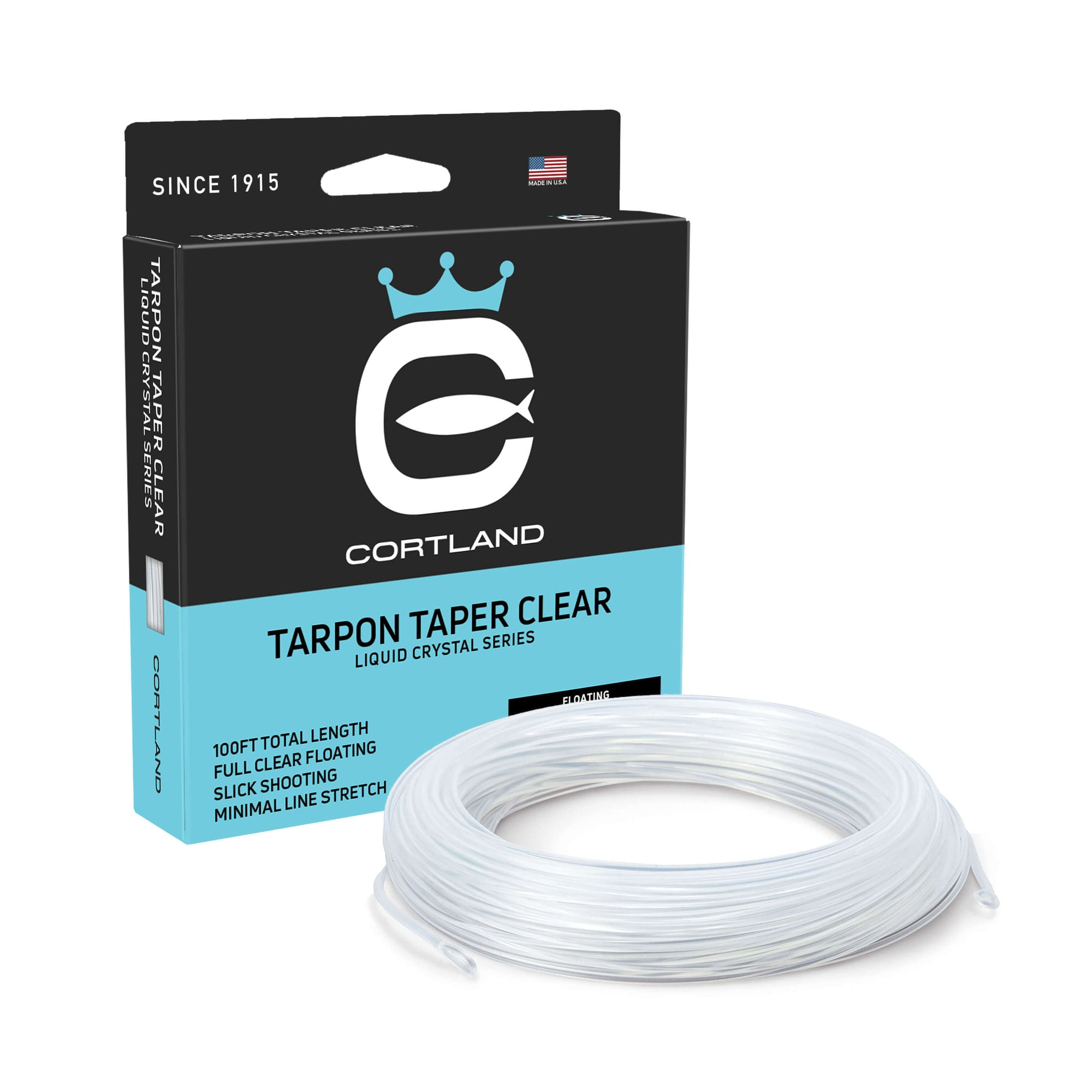 Tarpon Taper Clear Fly Fishing Line and Box. The fishing line is clear. The box is black at the top and light blue at the bottom. 