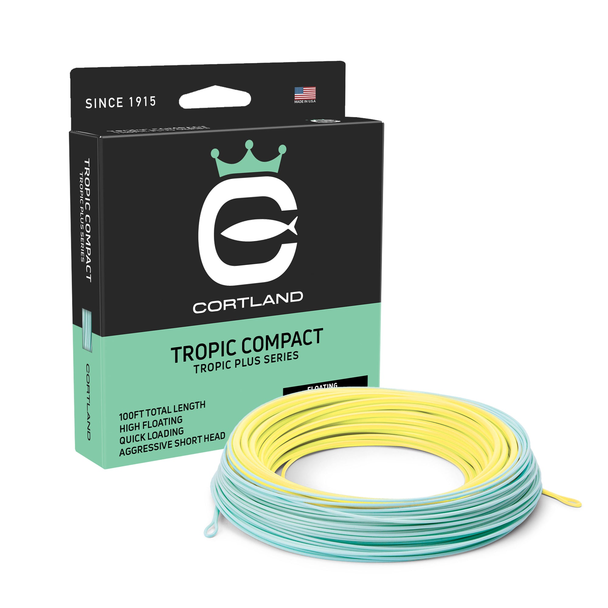 Tropic Compact Fly Line and Box. The line is aqua blue and pale yellow. The box is black at the top and light blue at the bottom. 