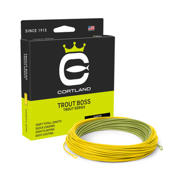 Trout Series Trout Boss Green Fly Line and box. The line is green and yellow. The box has the Cortland logo, and is black and greenish yellow. 