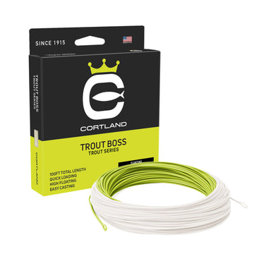 Trout Series Trout Boss White Fly Line and box. The line is chartreuse and white. The box has the Cortland logo, and is black and greenish yellow