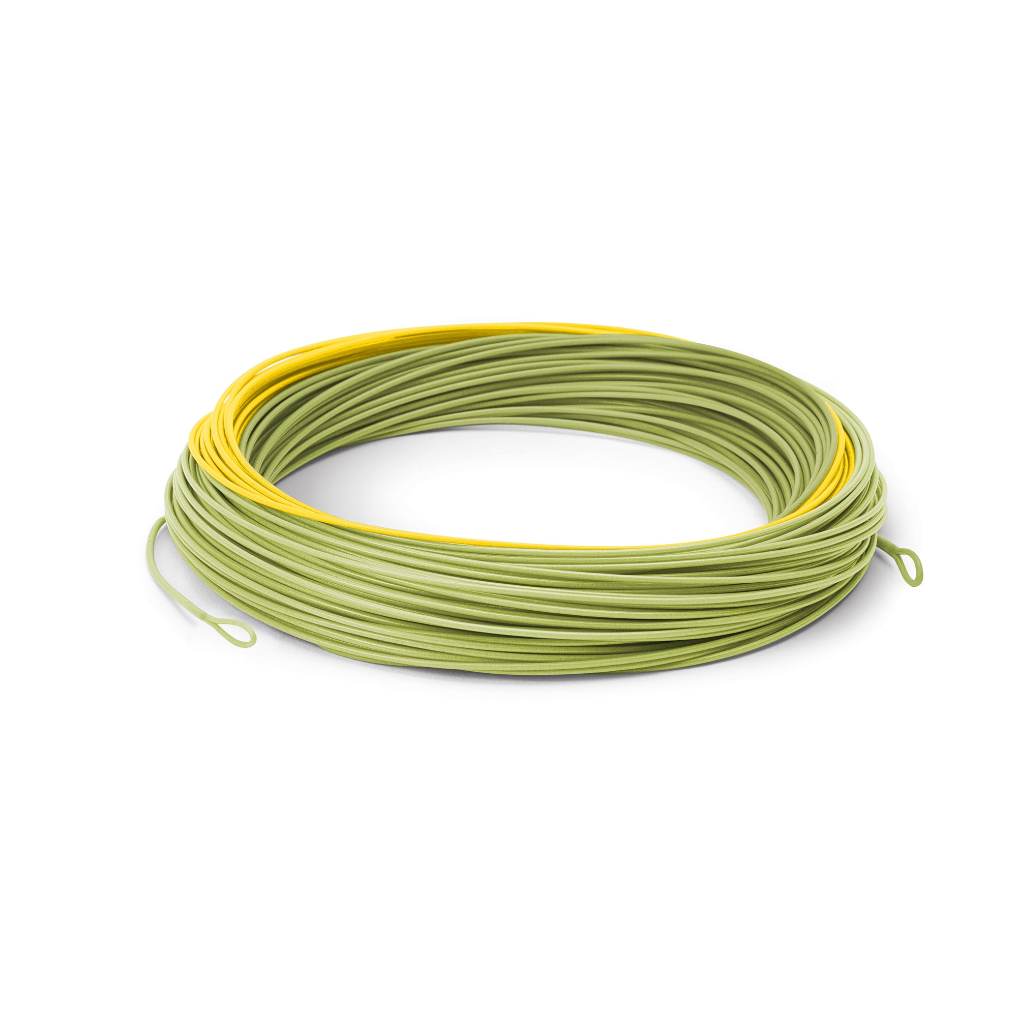 Coiled green and yellow fishing line on a white background