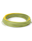 Coiled green and yellow fishing line on a white background
