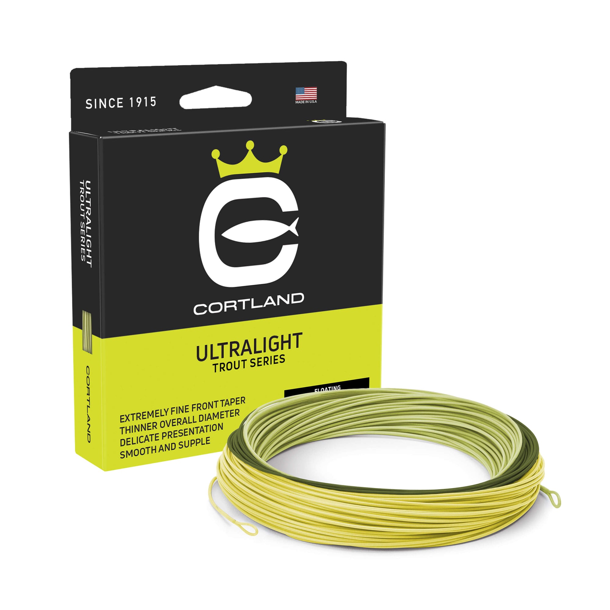 Ultralight fly line box and coil. The color of the coil is aqua green, dark green, and pale yellow. The box has the Cortland logo and is black and greenish yellow.