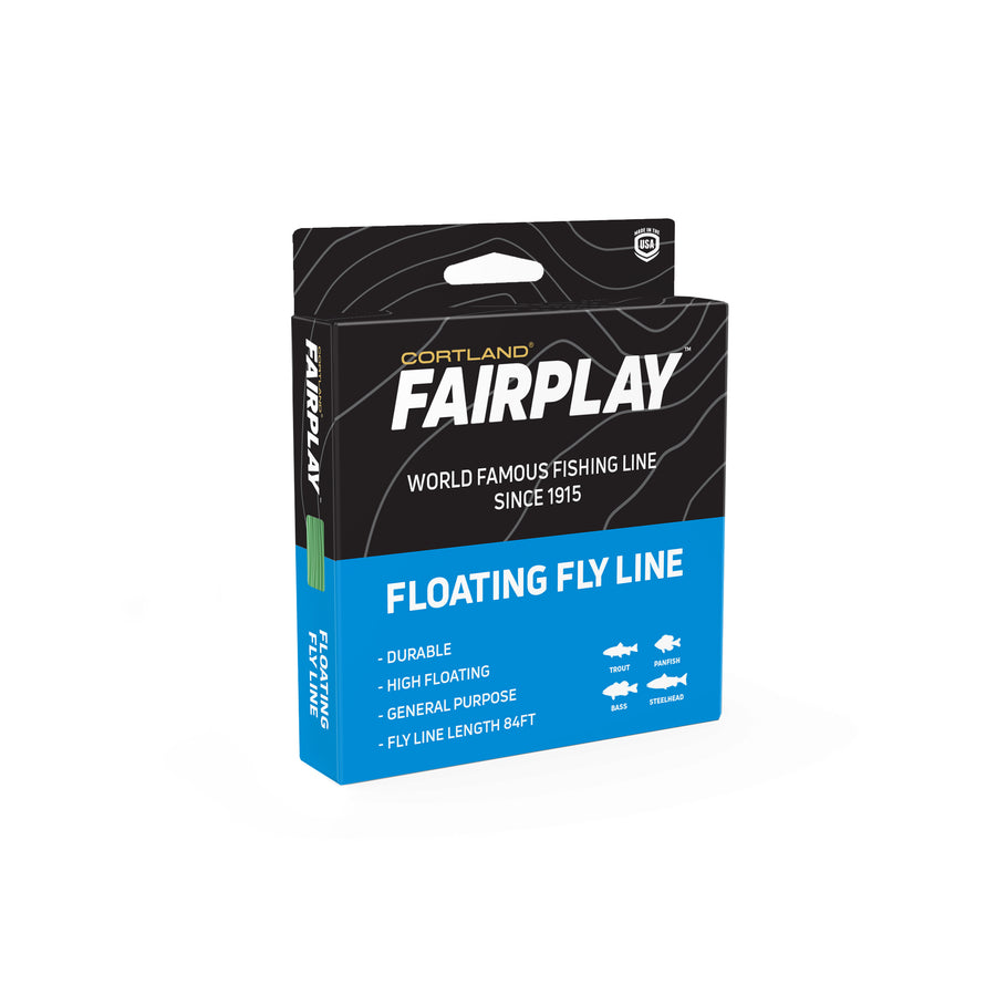 Fairplay Floating Fly Line Box. The box is black at the top and light blue at the bottom. 