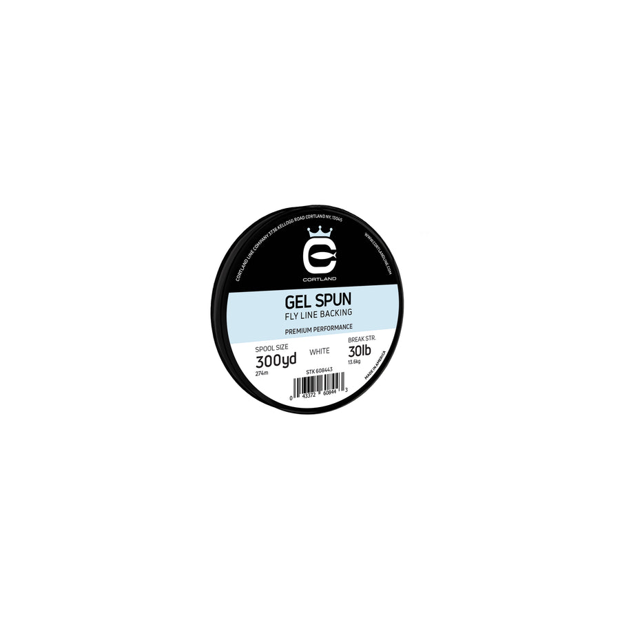 One Spool of Gel Spun Fly Line Backing - White. The spool is at a slight angle. 