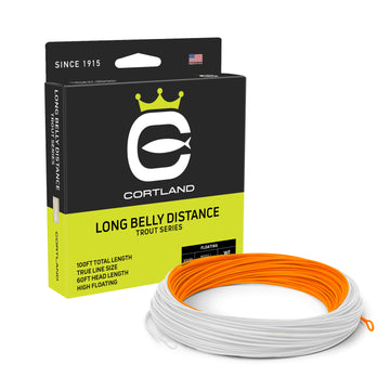 Long Belly Distance Fly Line Box and coil. The color of the coil is orange and white. The box has the Cortland Logo and is black and greenish yellow. 