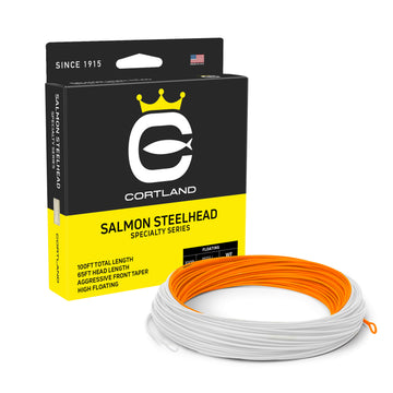 Salmon Steelhead Fly Line Box and coil. The color of the coil is orange and white. The box has the Cortland Logo and is black and yellow. 